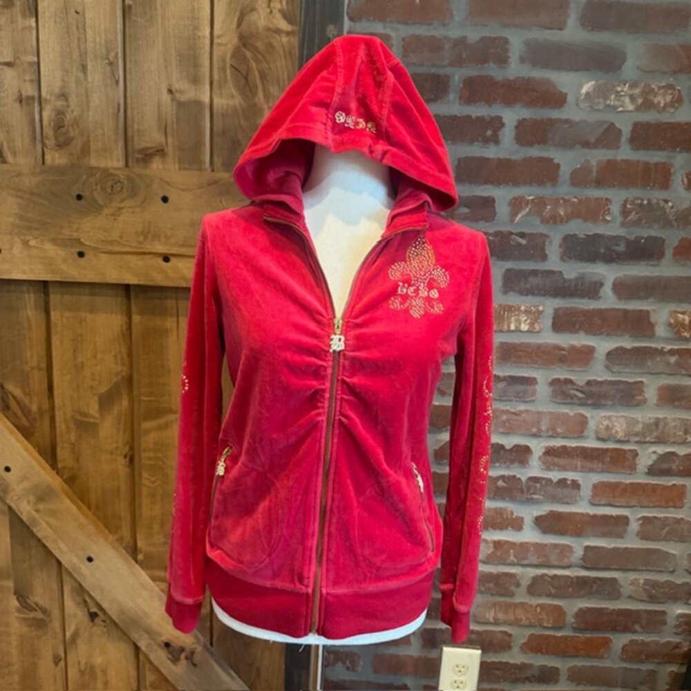 BCBGMaxAzria Hot Pink Y2K Velour Zip Tracksuit Hoodie Rhinestone Logo Size M